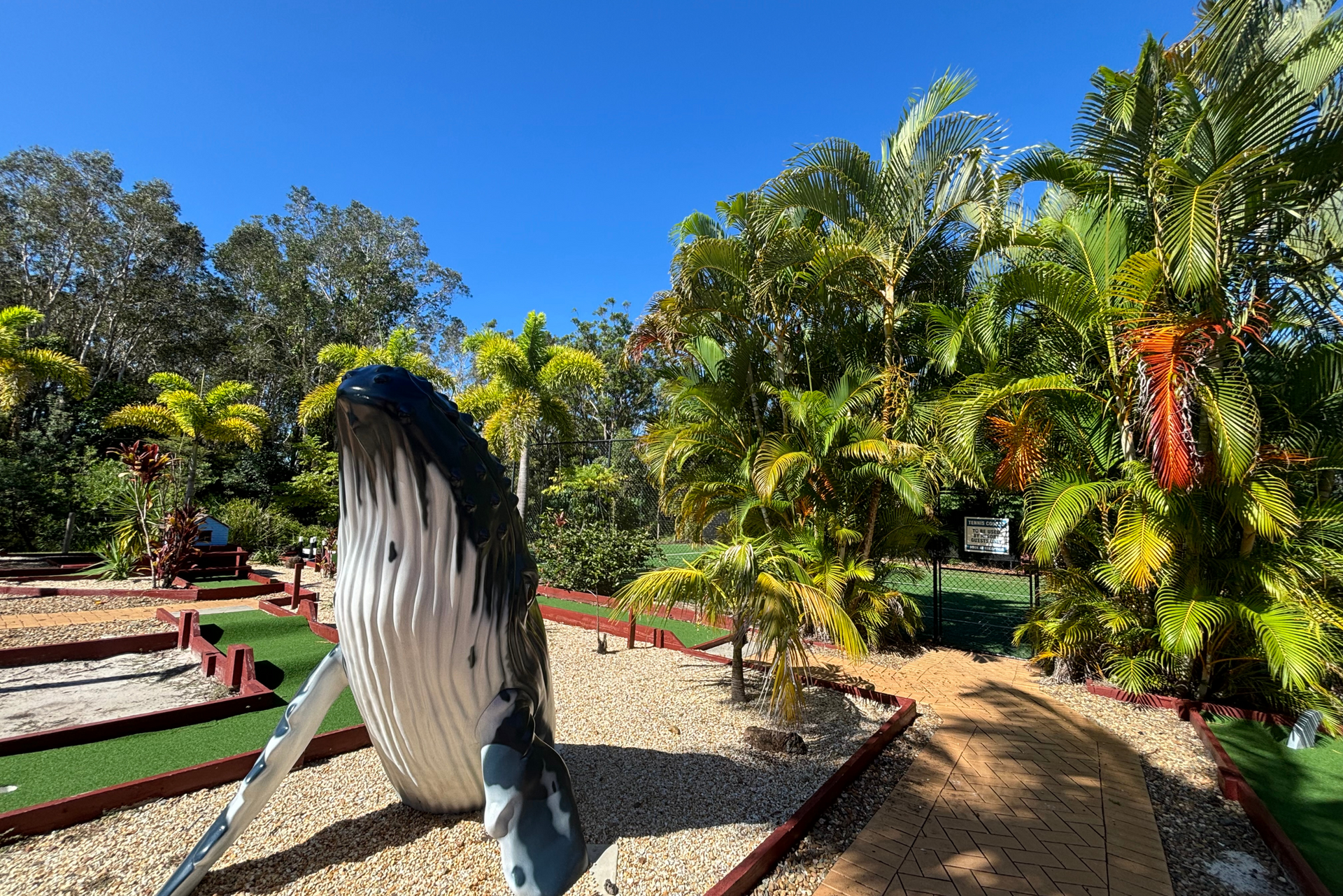 A whale statue is sitting on top of a dirt path in a park.