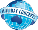 The logo for holiday concepts shows a globe with a map of australia on it.