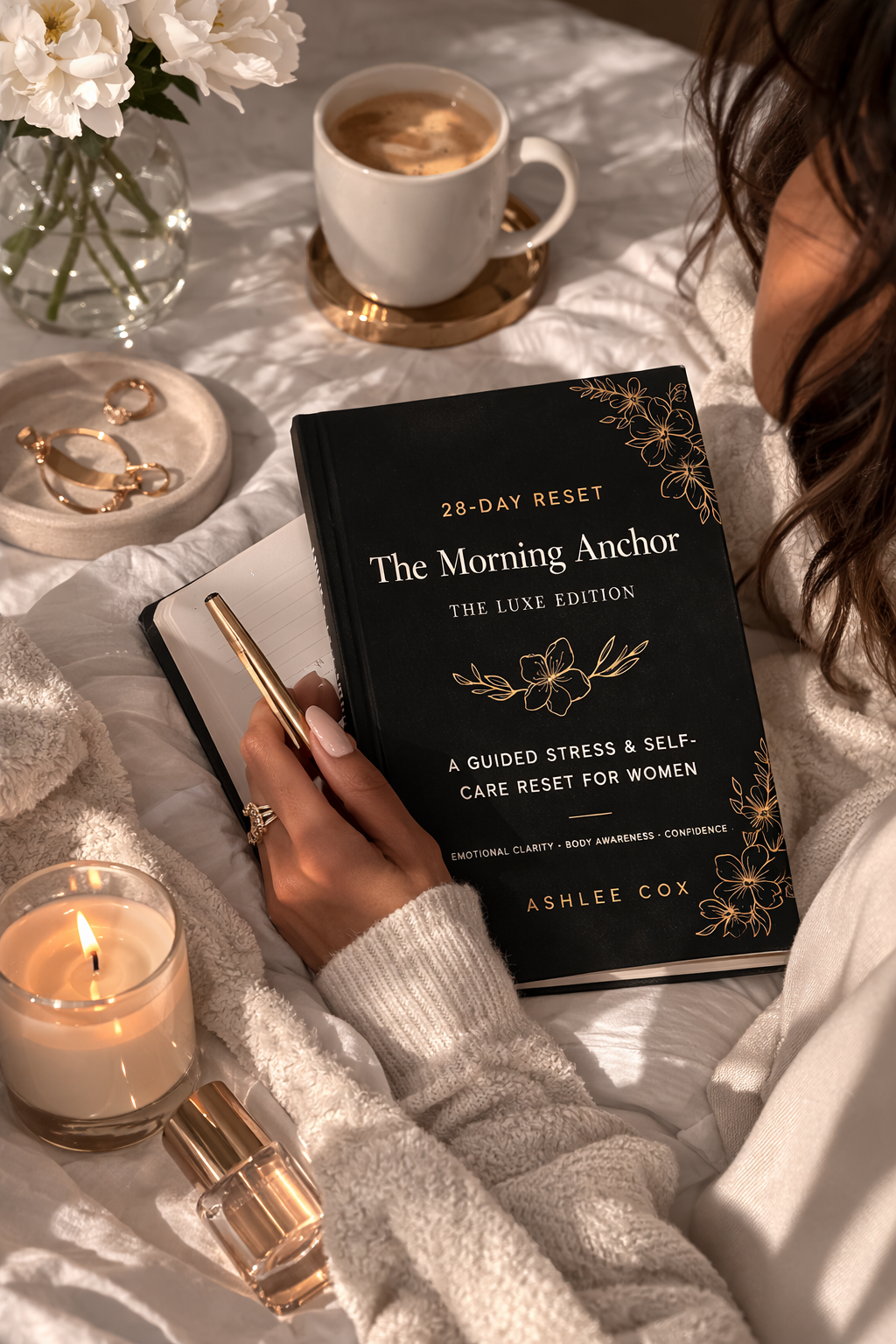 A  photograph of The Morning Anchor  Journal The Luxe Edition designed by Ashlee Cox on a table about to be used. 