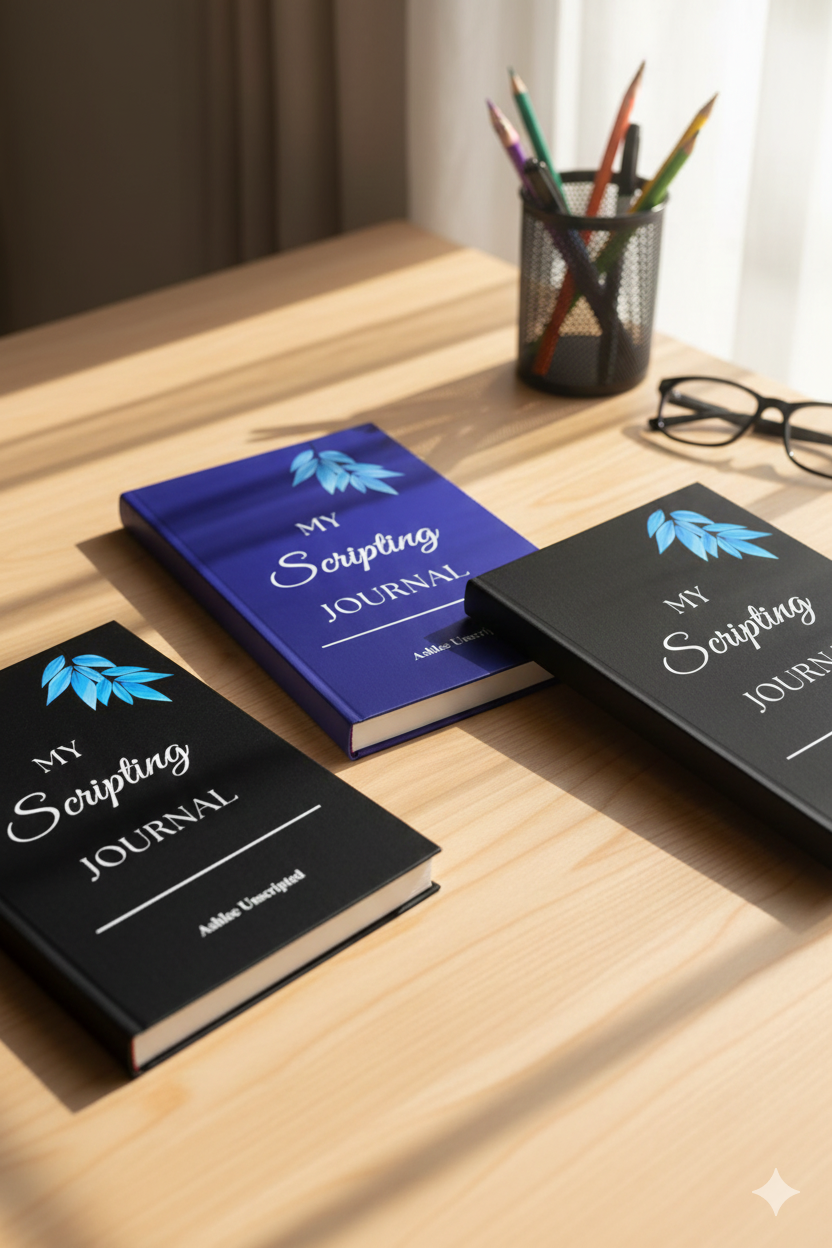 A photo of  the My Scripting Journals series piled  on a table