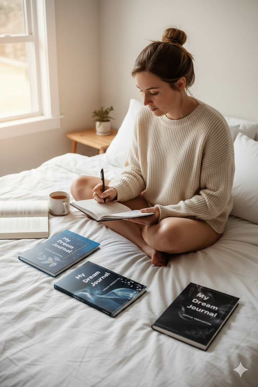 A photo o someone using My Dream Journals series scattered across her bed 
