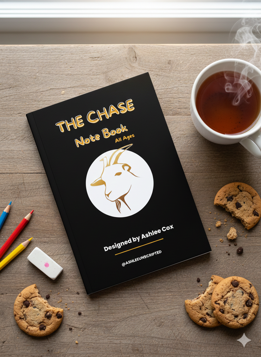 A  close up photo of The Chase Notebook  on a table