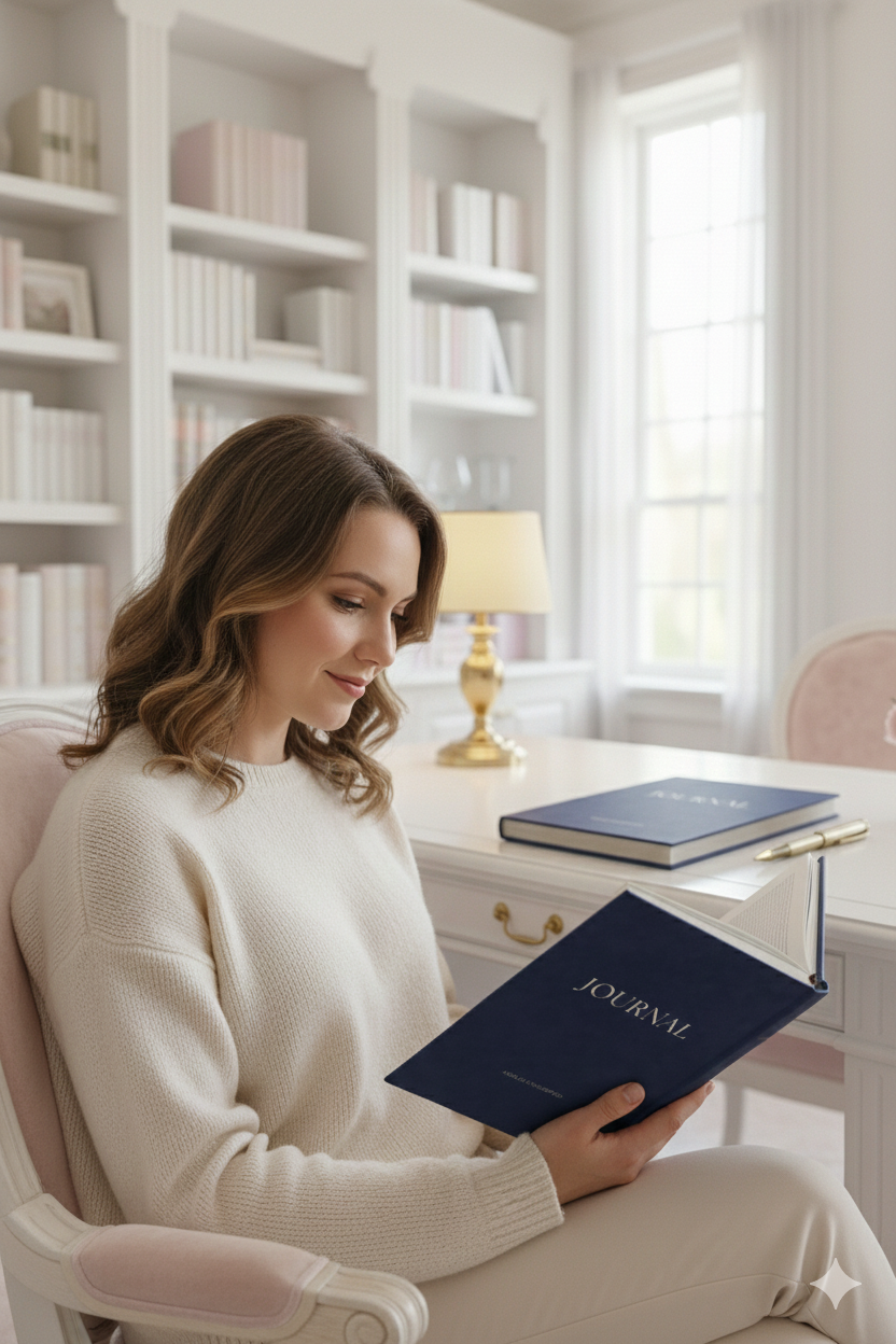 A person using The Very Demure Journal while relaxing in her office