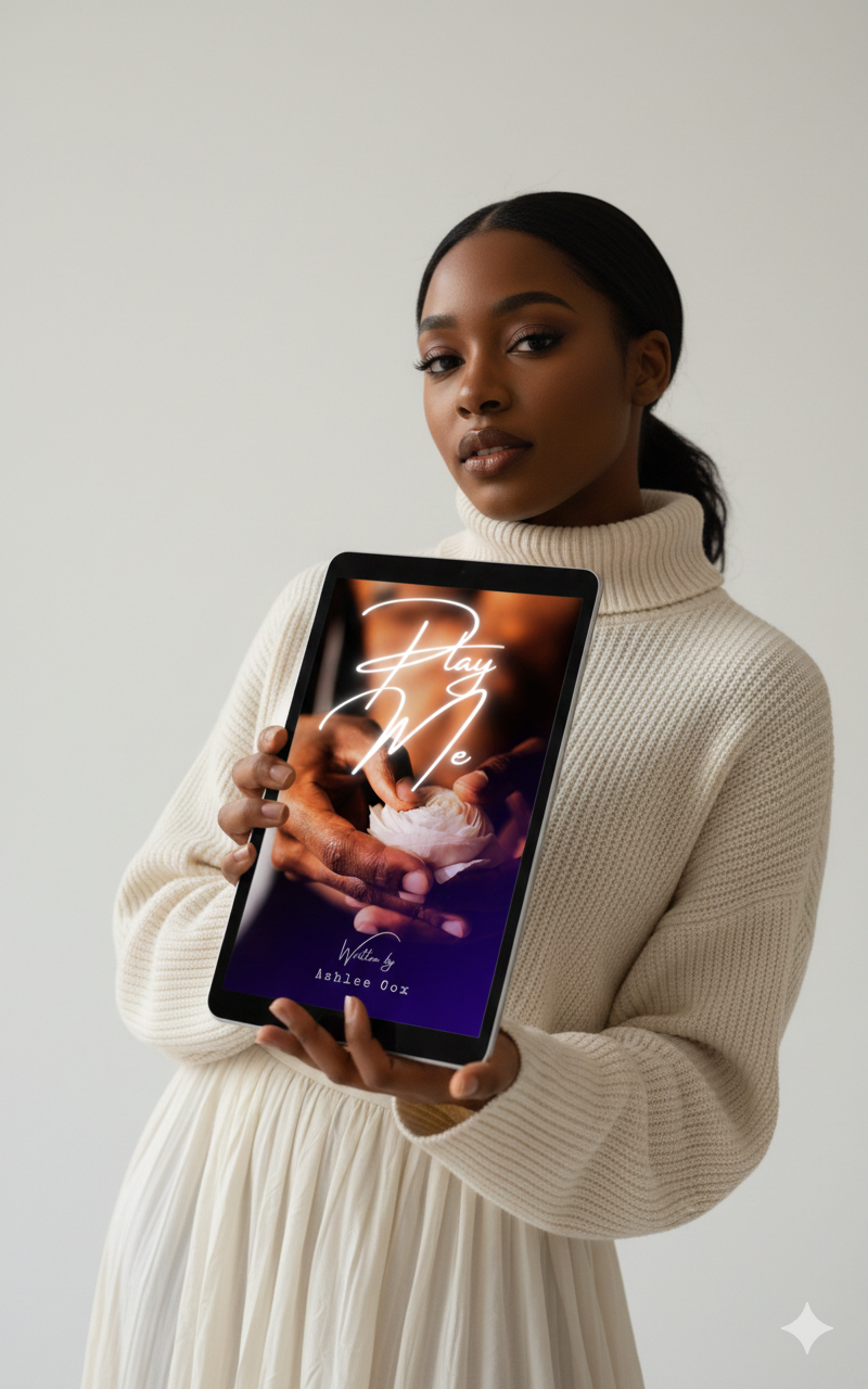 A photography of a person showing a tablet with the contemporary, Friends-to lovers romance Play Me on it.