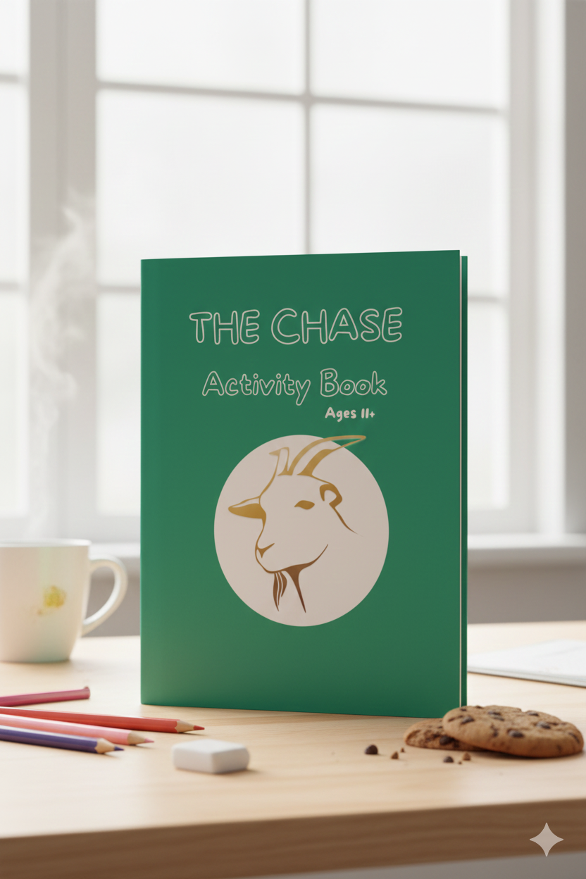 A close-up graphic of The Chase Activity Book inspired by The Chase Y.A book by Ashlee Cox on a table with snacks.
