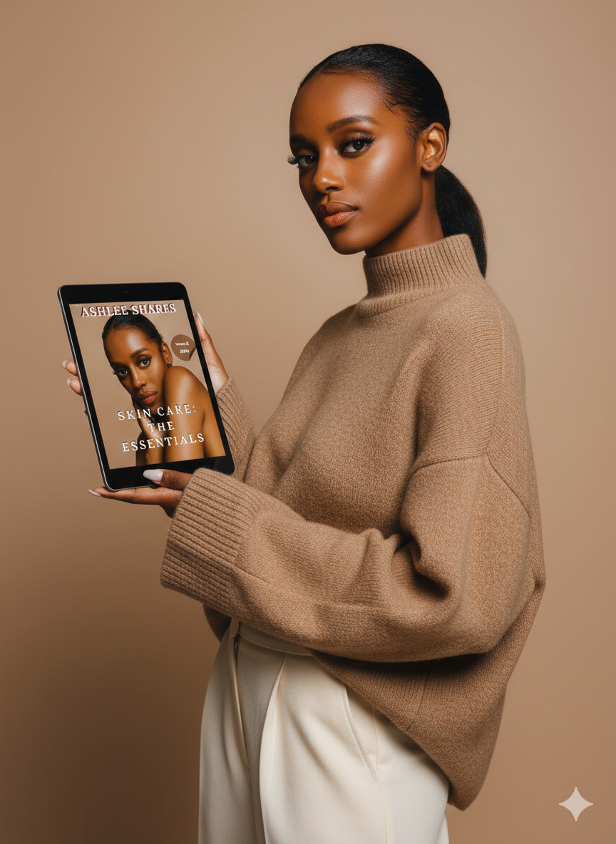 A high fashion model posing with The Ashlee Shares: Skincare The Essentials guide on a tablet