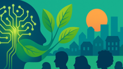 Silhouette head with tech circuit tree, leaves, city, people, and orange sun.