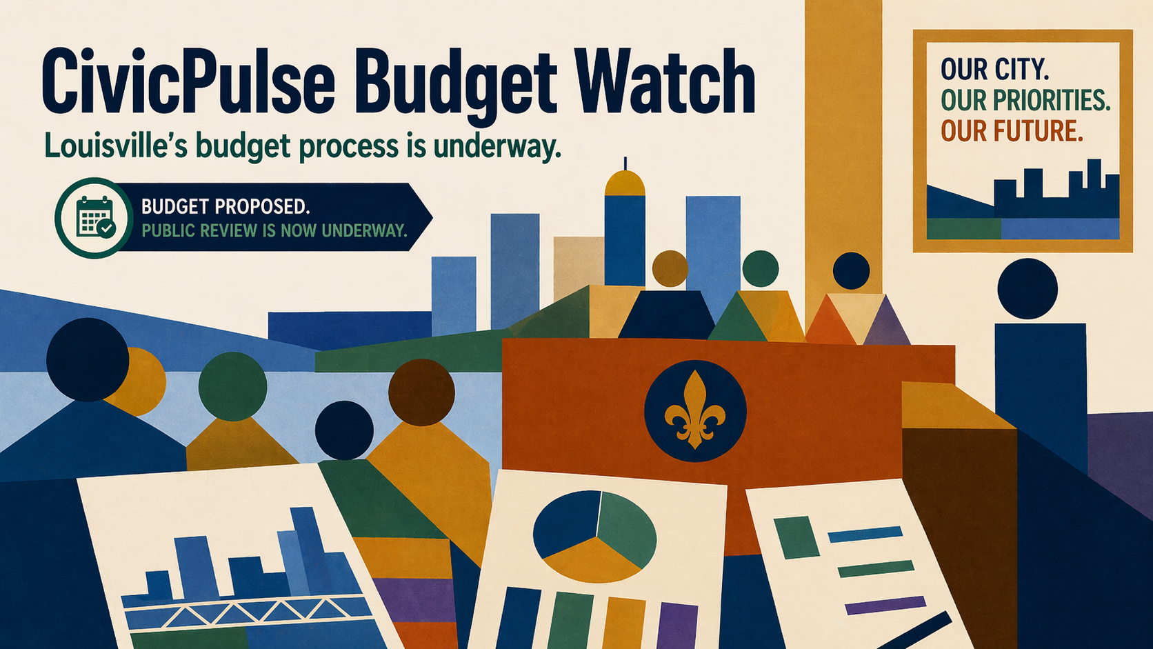 CivicPulse Budget Watch meeting on Louisville’s budget process, with officials, charts, and a city skyline backdrop