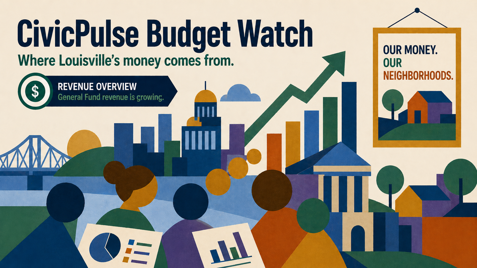 CivicPulse Budget Watch graphic with people, charts, city buildings, and rising arrows about community spending