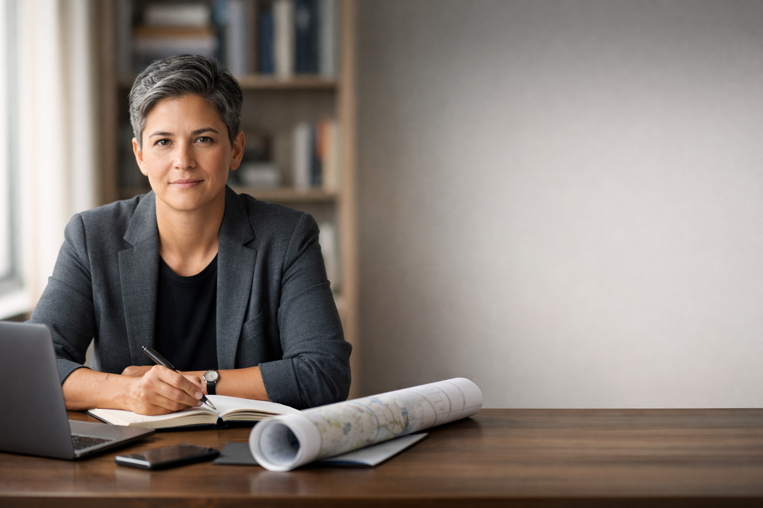 Woman in blazer at a desk, writing in a notebook, with laptop, blueprints, and phone; office setting.