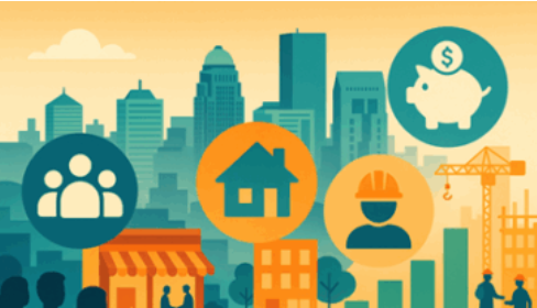 Cityscape with icons of people, housing, construction, and finance, suggesting urban development.