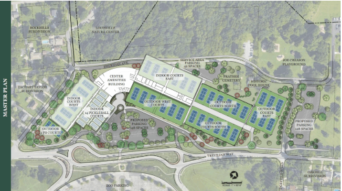 Master plan schematic with buildings, parking, and green spaces, labeled with building names and surrounding roads.