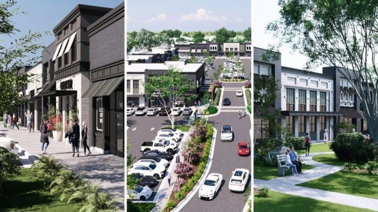 Three architectural renderings of a retail and residential development with people, cars, trees, and greenery.