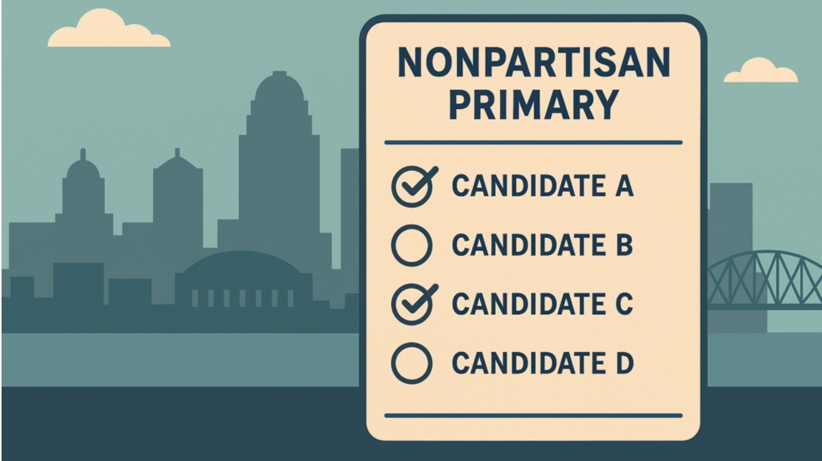 Nonpartisan primary ballot with votes marked for Candidates A and C, with a city skyline backdrop.