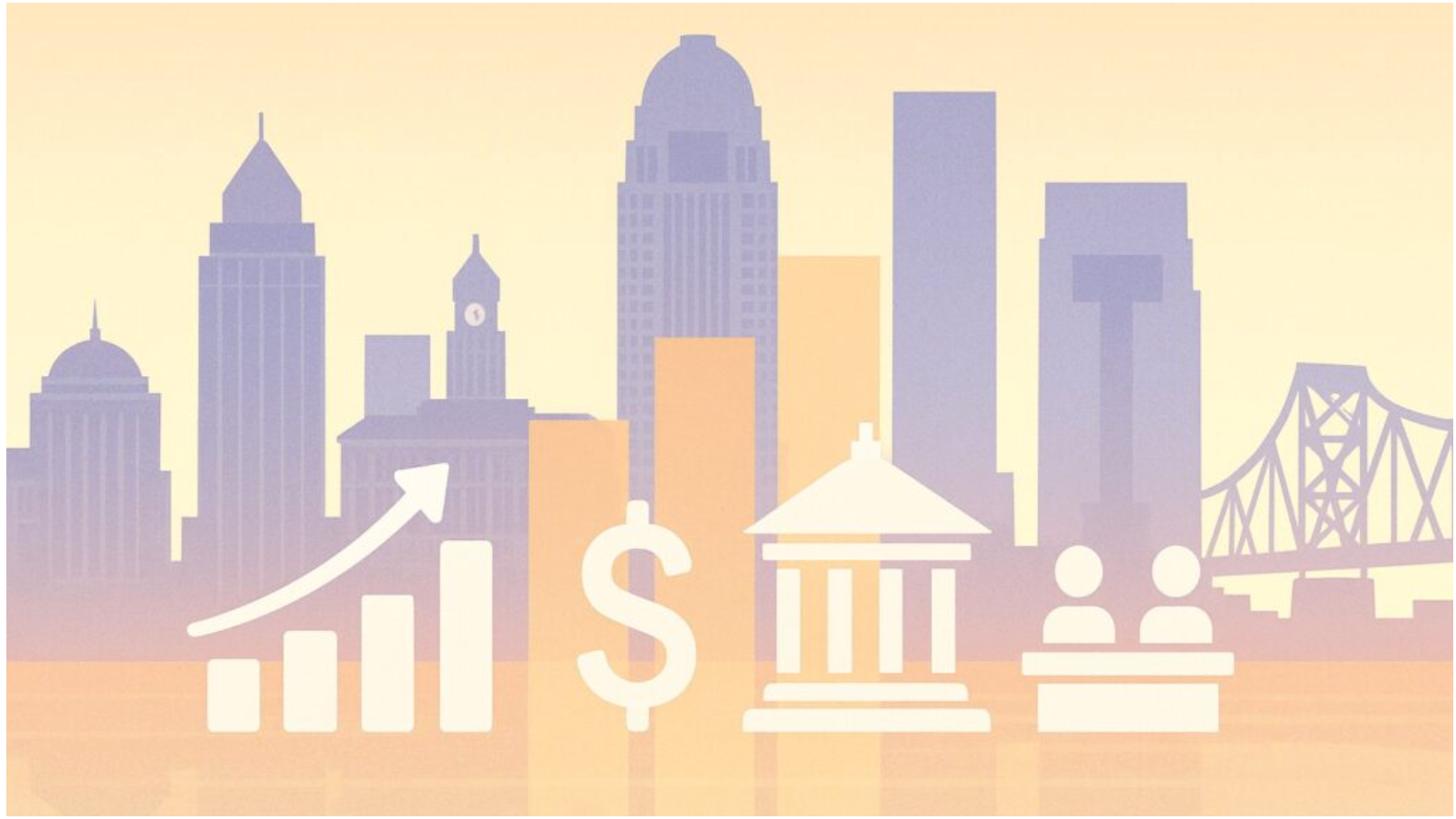 City skyline with economic icons: graph, dollar sign, building, people.