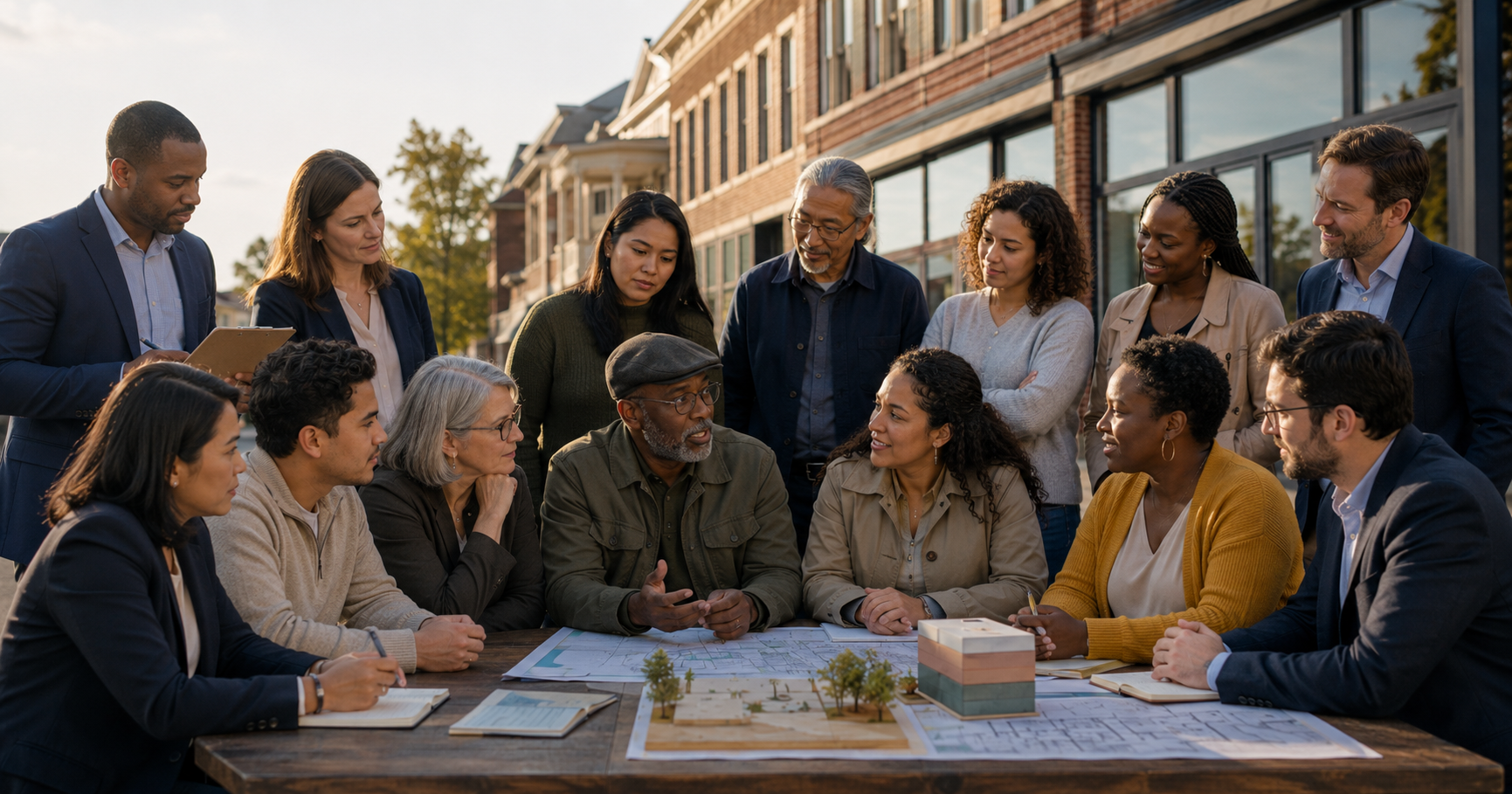 Group of people gathered around a table outdoors, collaborating over plans in front of a brick building.