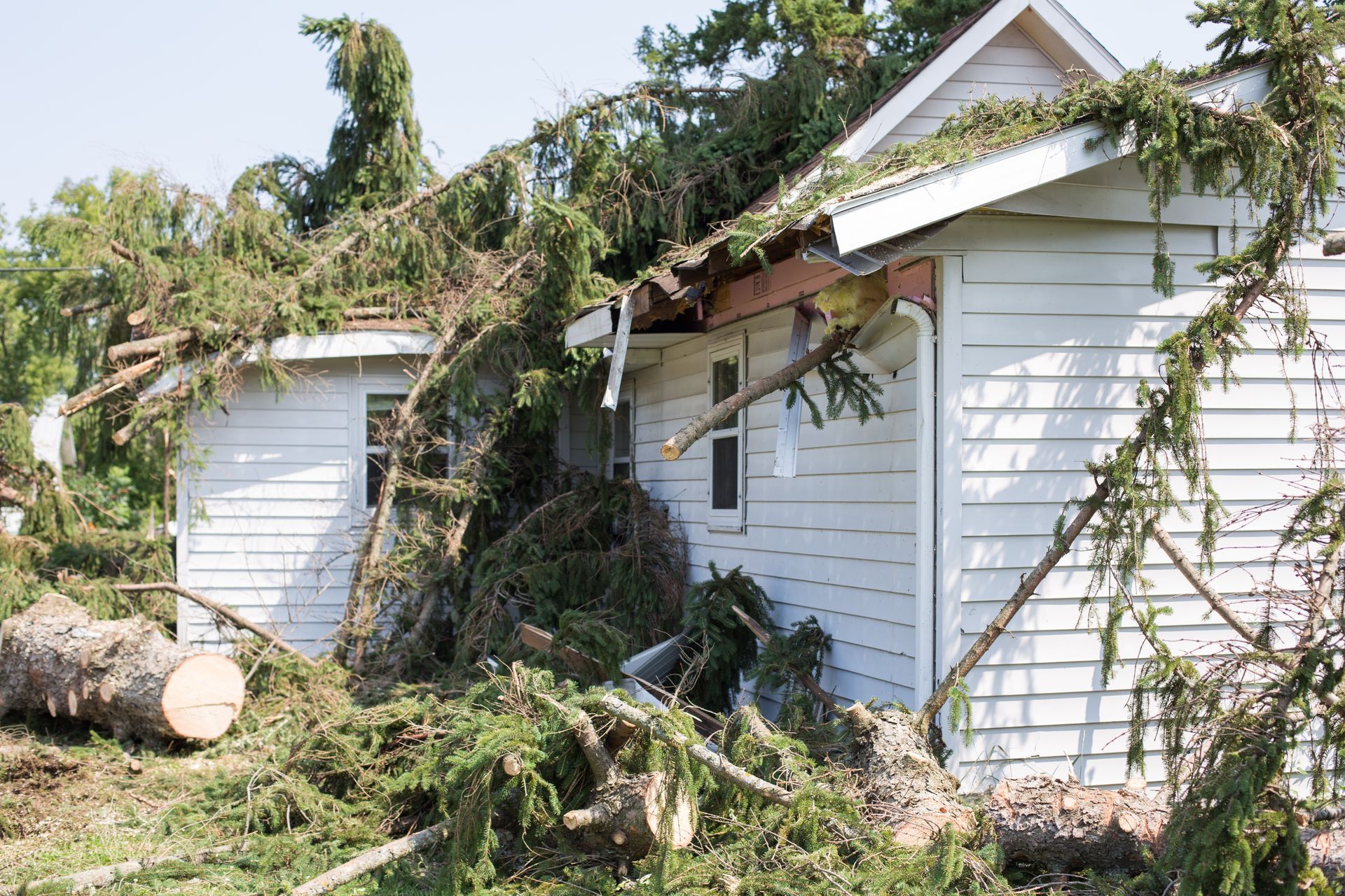 Storm-damaged white house with fallen trees and debris blocking the yard