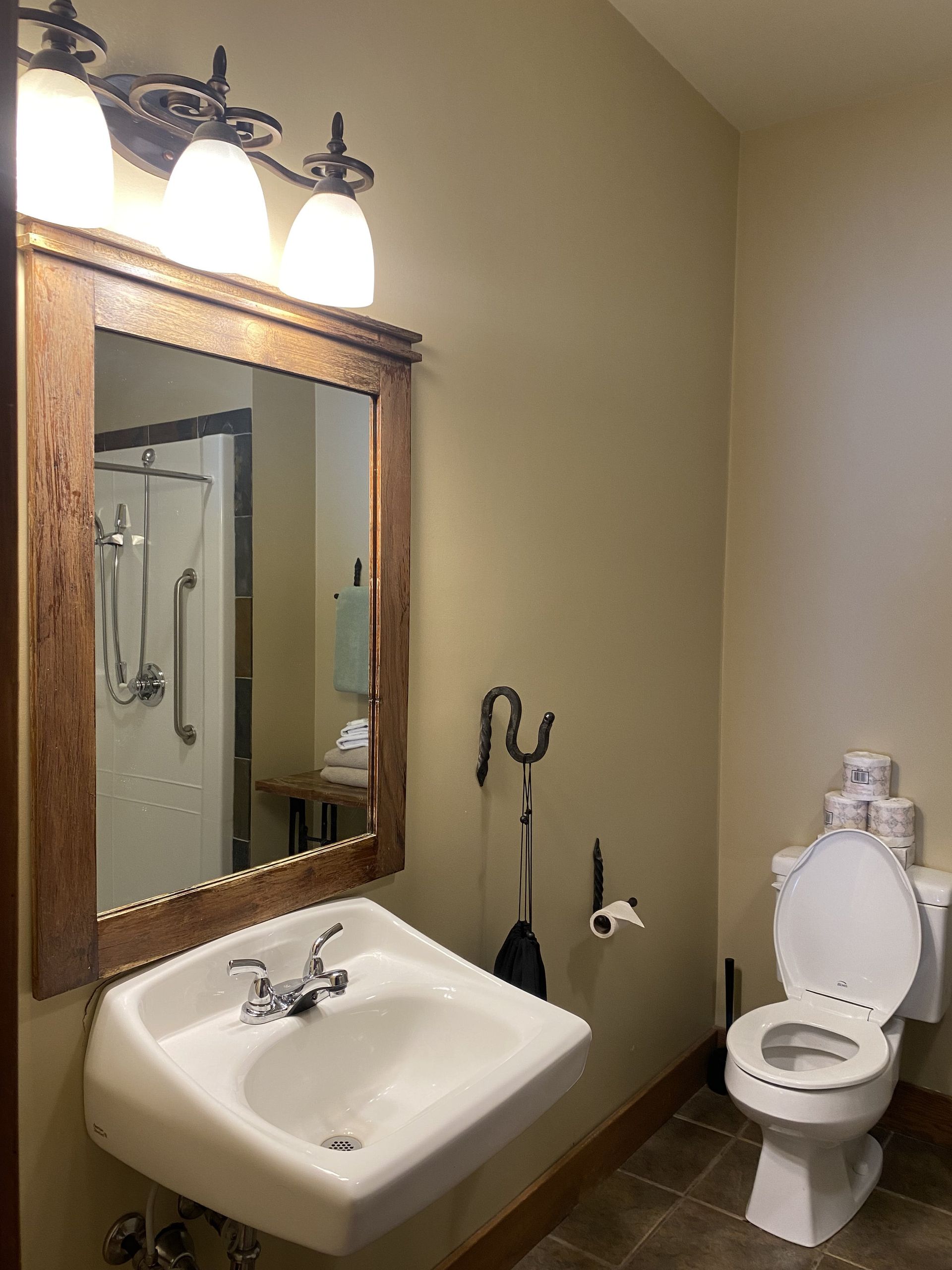 A bathroom with a sink , toilet and mirror.