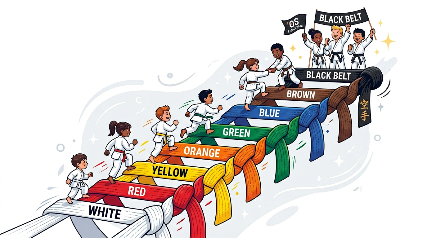 Karate students climbing a ladder made of karate belts to symbolise their progression through belts