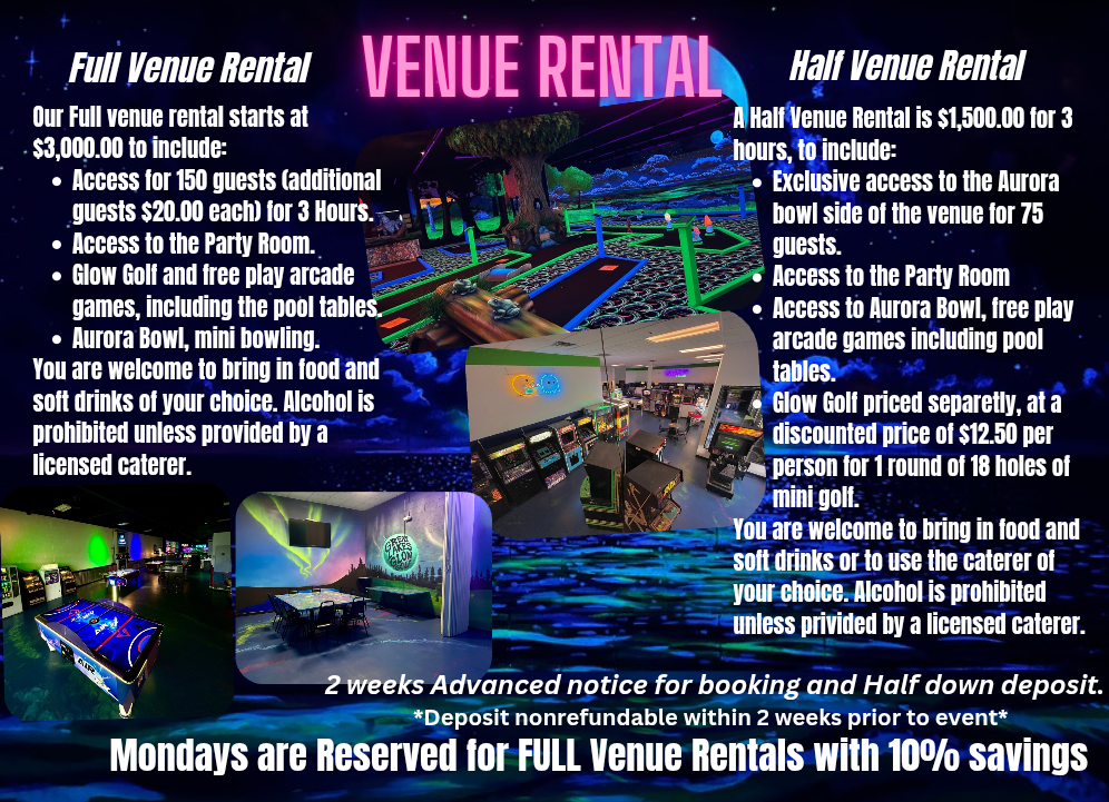 A venue rental price sheet comparing full and half-venue options with photos of a glow-in-the-dark arcade and party room.