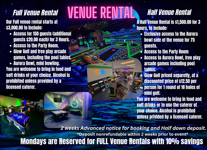 A venue rental price sheet comparing full and half-venue options with photos of a glow-in-the-dark arcade and party room.