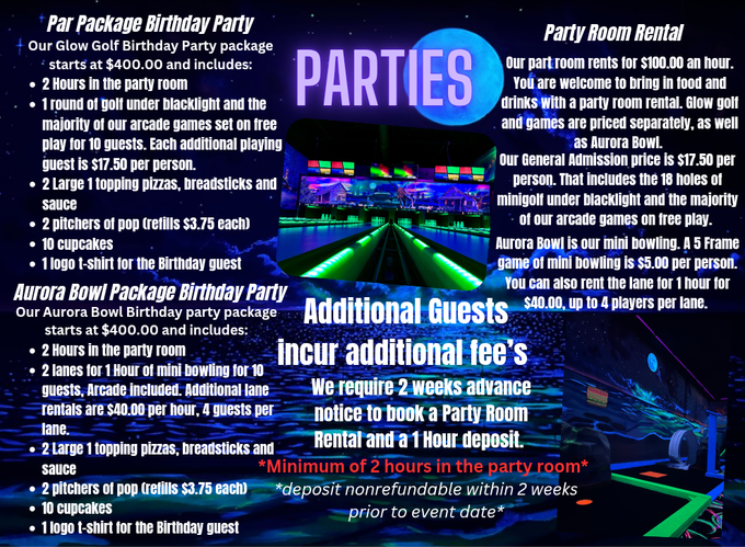 A neon-lit flyer for a party venue detailing birthday packages, room rentals, mini golf, and mini bowling pricing.