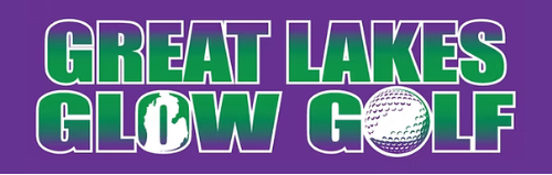 Logo for Great Lakes Glow Golf featuring green gradient text on a purple background with a map icon and a golf ball.