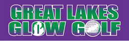 Logo for Great Lakes Glow Golf featuring green gradient text on a purple background with a map icon and a golf ball.