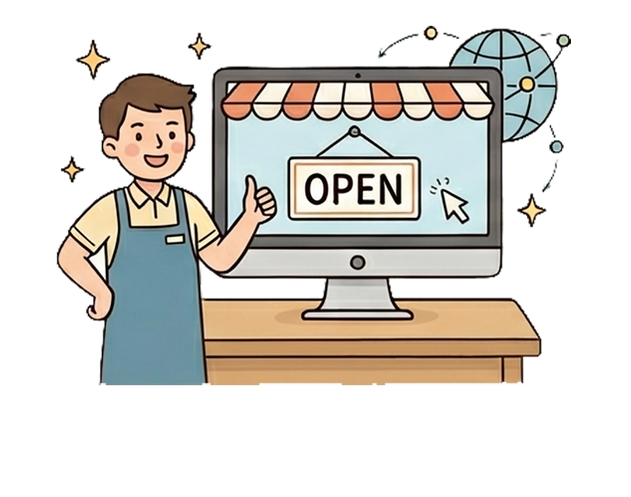 一名男子站在一個顯示「OPEN」(營業)字樣的電腦顯示器旁。表示這名男子的網路商店開幕了。