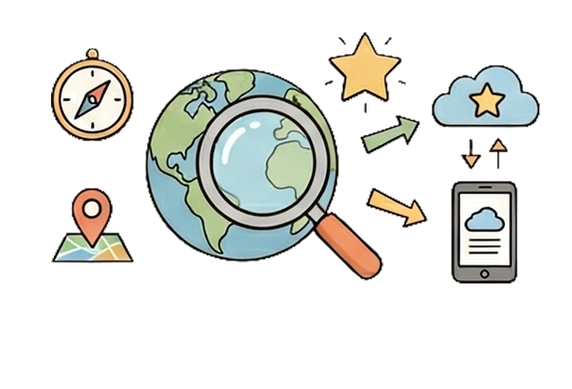 一把放大鏡放在一個地球儀上方,旁邊有星星和一個智慧型手機。表示網路搜尋的概念。