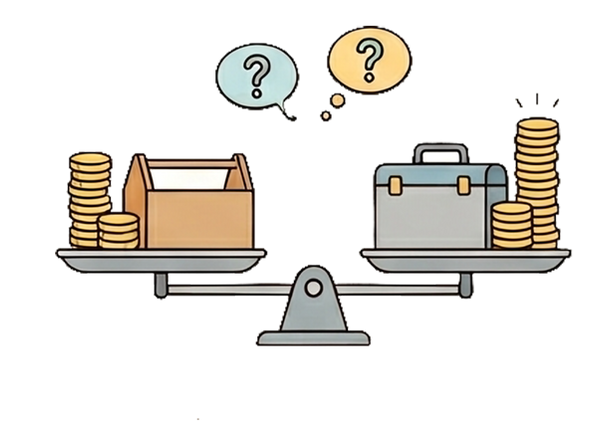一把天平,一側放著硬幣和一個工具箱,另一側放著一個公事包。表示預算還有開發模式的抉擇。