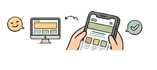 一名用戶手持一台手機,與桌上型電腦網站的網頁一樣。表示網站是響應式網站。