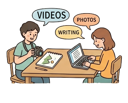 一男一女坐在桌旁,男子拿著相機,女子在筆記本電腦上打字。