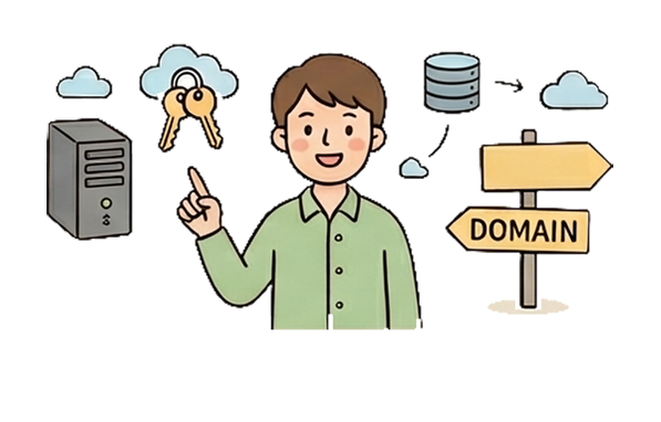 一名男子指向一個服務器、一串鑰匙和一個雲端。