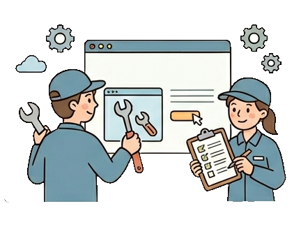 兩個維修人員手持扳手在一個大型電腦屏幕旁。表示他們是維護網站的人員。