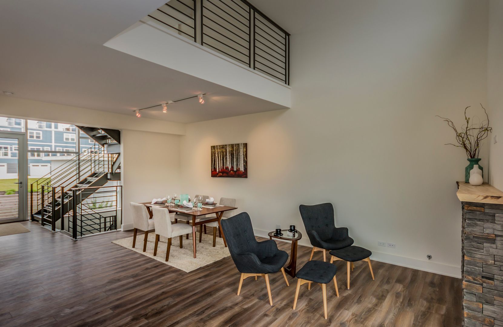 Open concept living room and kitchen in custom home design. Townhomes Plainfield Naperville Hinsdale, Illinois 