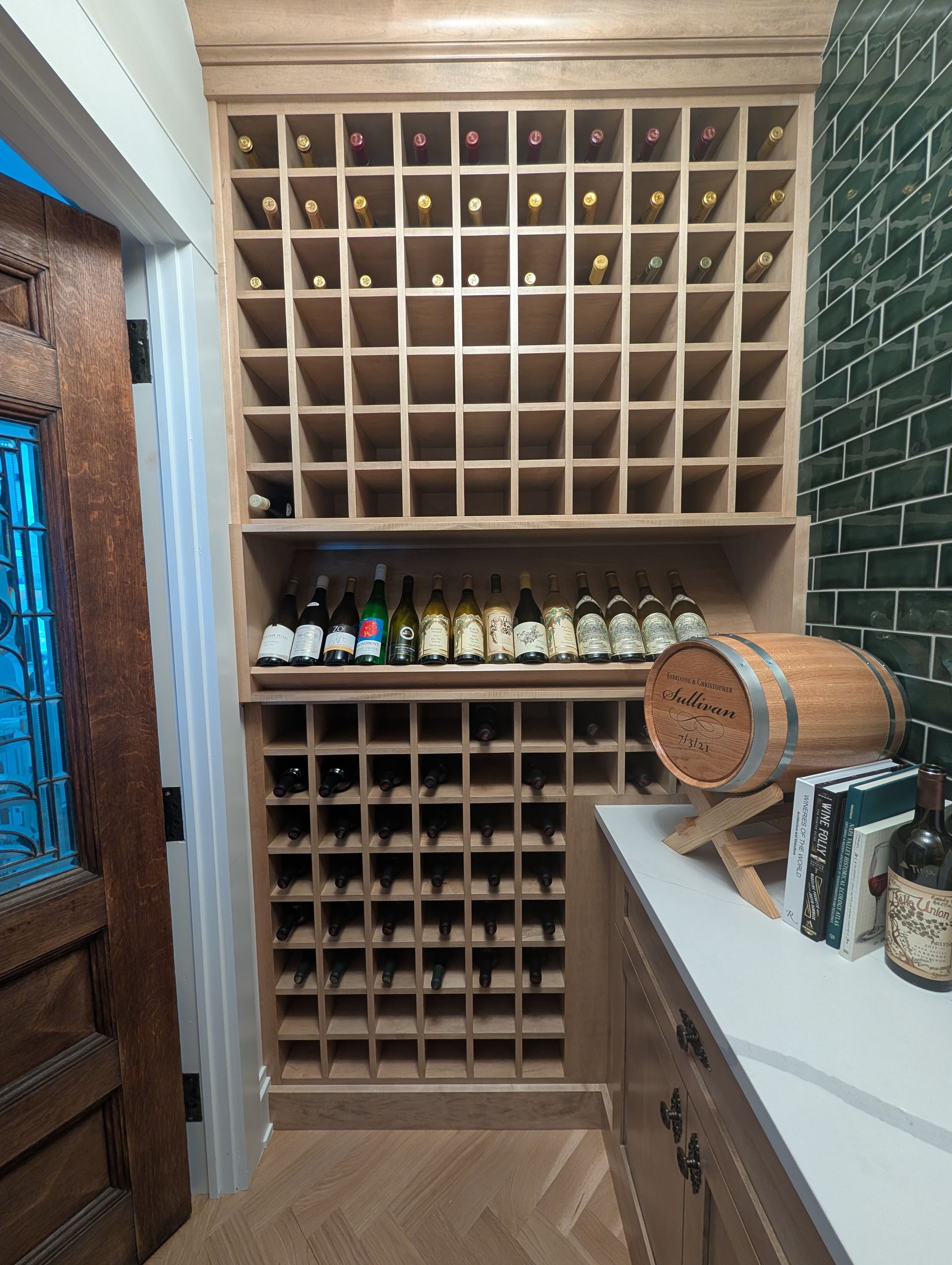 Custom wine cellar with built-in lighting in Elmhurst, Illinois.  Chicago western suburbs in Plainfield, Hinsdale, Elmhurst.