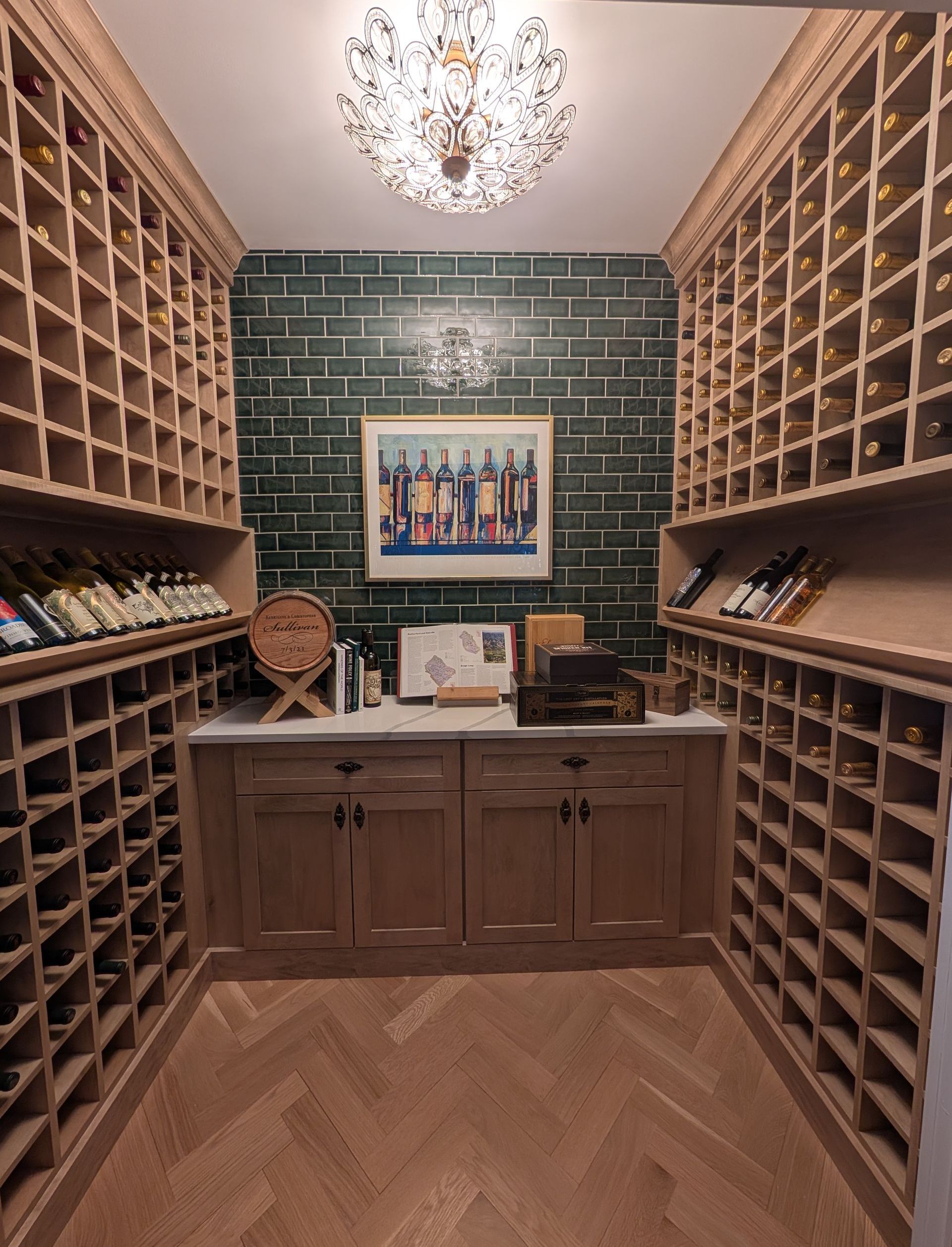 Custom wine cellar with built-in lighting in Elmhurst, Illinois.  Chicago western suburbs Hinsdale, Elmhurst, Naperville.