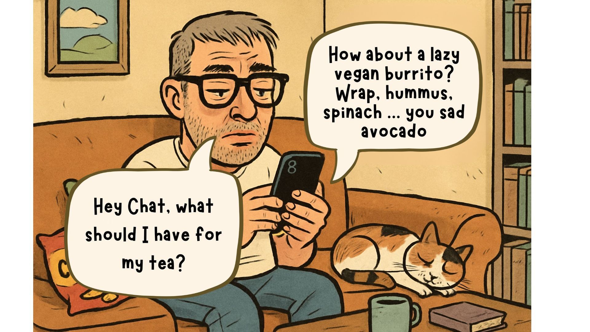 a middle aged man sits on a sofa asking his phone what to have for his tea