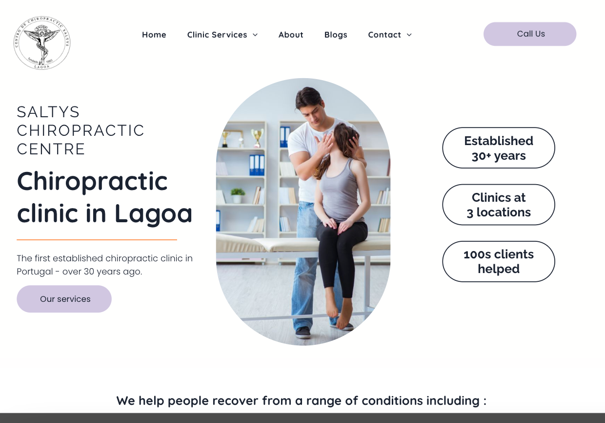 A screenshot of a website for a chiropractic clinic in lagoa.