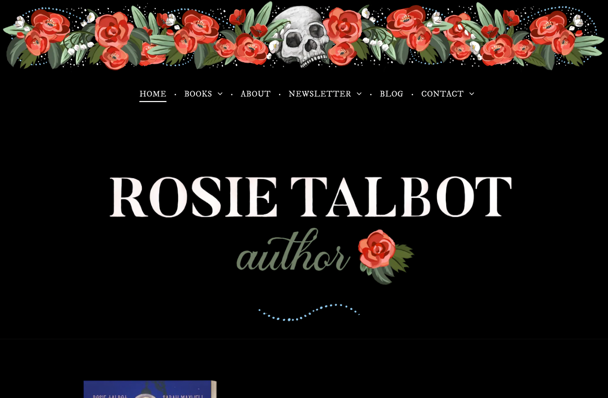 A black background with red roses and a skull on it.