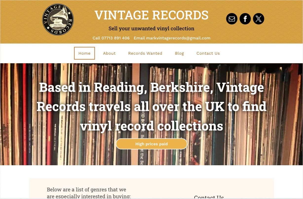 A screenshot of the vintage records website
