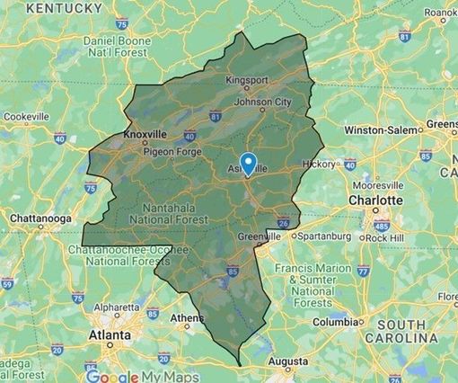 Map of a region including parts of Tennessee, North Carolina, and Georgia, colored in green.