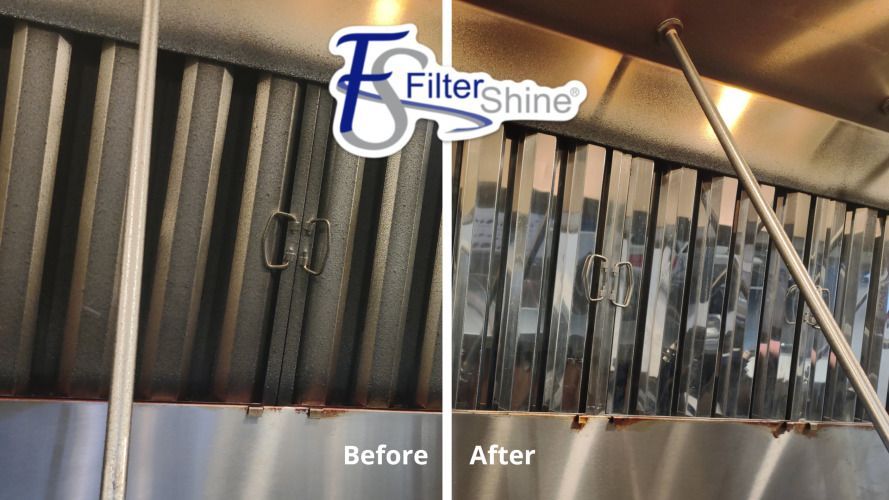 Before and after of a commercial kitchen hood filter cleaning, showing the filters dirty then clean.