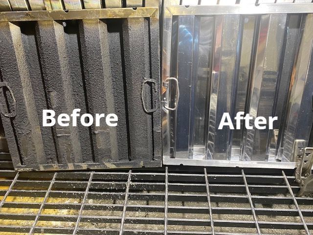 A before-and-after of a dirty kitchen filter, now clean and shiny, set on a metal grate.