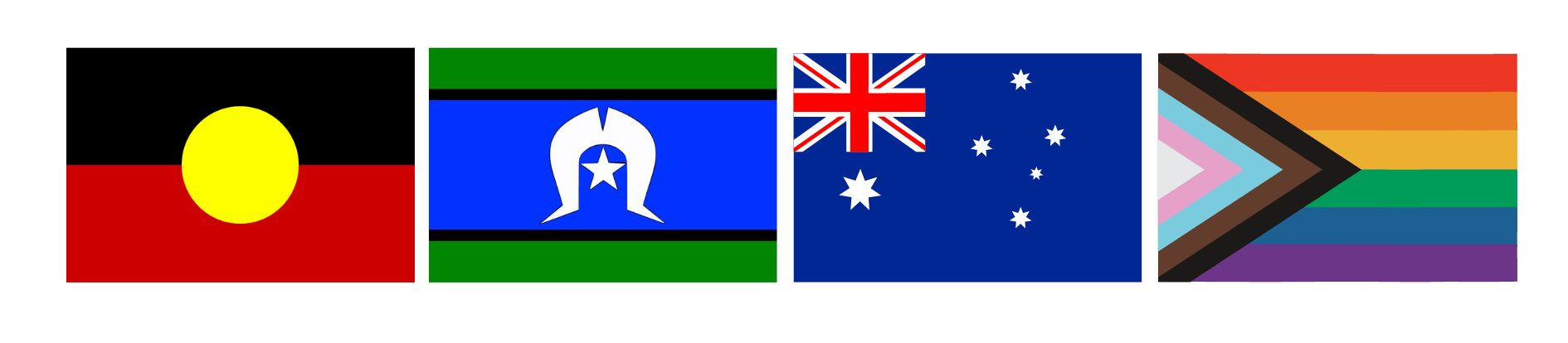 Flags of Australia: Aboriginal, Torres Strait Islander, Australian, and Pride.