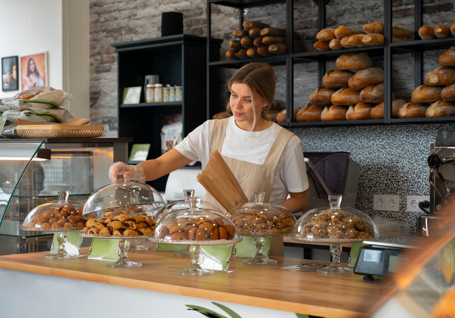 Woman behind bakery counter, arranging pastries under glass domes.