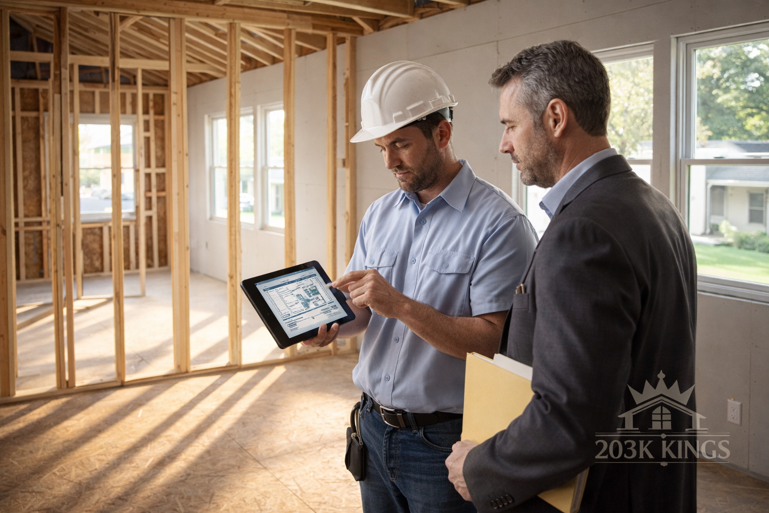 Two men in a new construction site looking at a tablet with blueprints. One wears a hard hat.