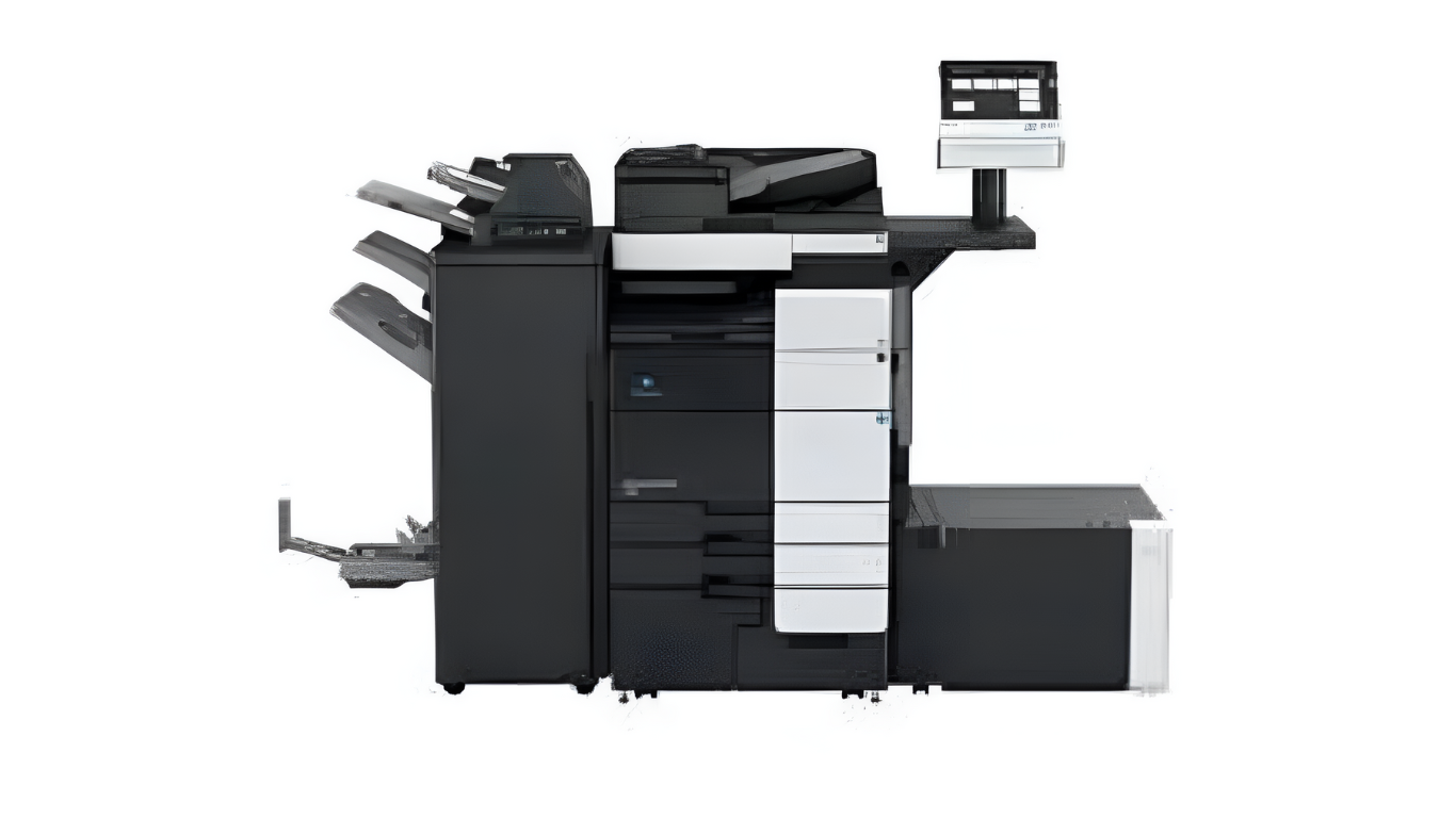 A black and white printer with a monitor on top of it.