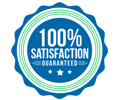 A blue and green sticker that says `` 100 % satisfaction guaranteed ''.